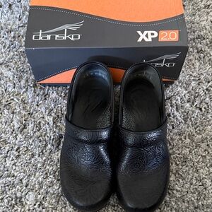 Dansko Black Floral Embossed Mules
